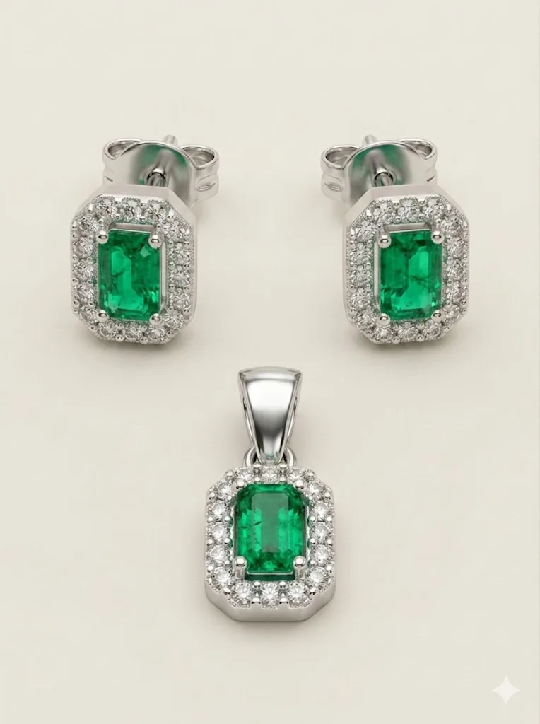 Conjunto esmeralda rectangular plata
